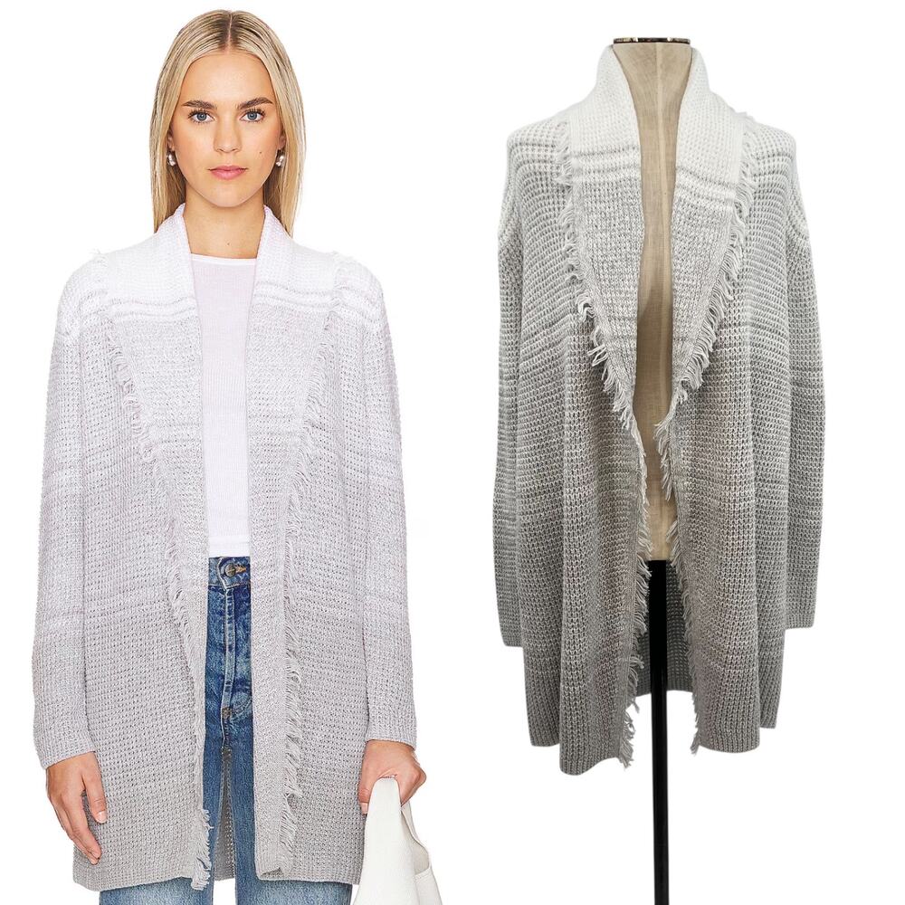 27 Miles Malibu Jupiter Cardigan Knit Open Fringe Ombre Gray White Size Small